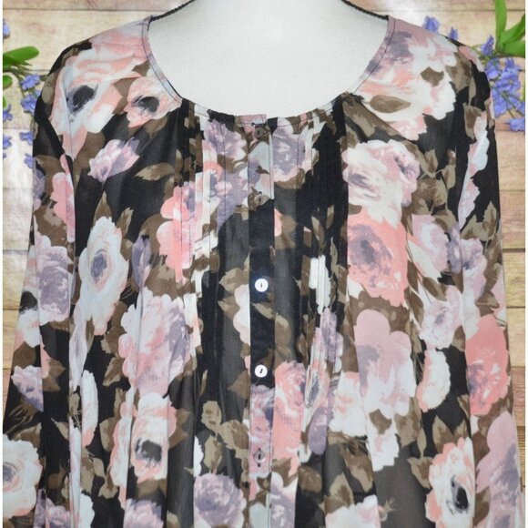 North Style Women's Black Sheer Floral Button Front Pleated Blouse Plus Size 1X - Picture 2 of 8
